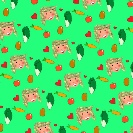 The child and vegetables seamless pattern is a seamless pattern design which has joyful and colorful pattern design.の写真素材