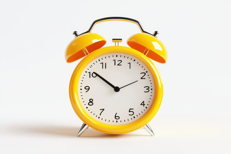 3D illustration of a yellow alarm clock with bells The bright and playful design is perfect for wake-up themes time management or childrens projects Isolated on transparent backgroundの素材