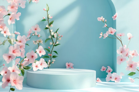3D podium with spring floral and spring leaf backgroundの素材