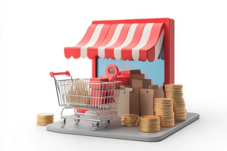 Shopping cart with awning and coins on a white backgroundの素材