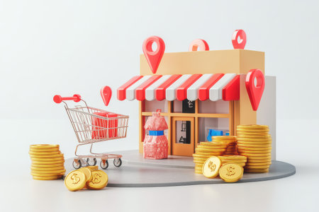 3d illustration of shopping cart and store with coins. Online shopping conceptの素材