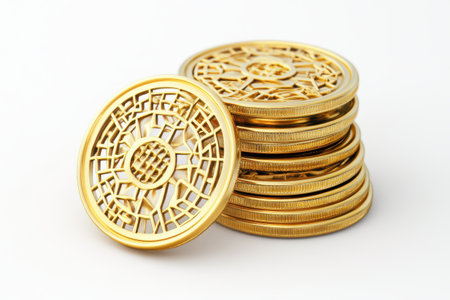 golden coins with chinese pattern isolated on white background. 3d illustrationの素材