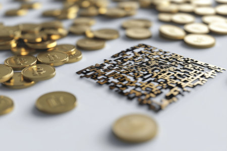 Golden coins on a white background. 3d rendering. Computer digital drawing.の素材