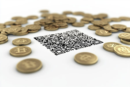 QR code and gold coins on white background. 3D illustration.の素材