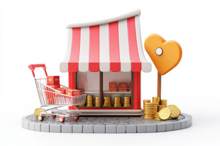 3d illustration of a store with shopping cart and coins on white backgroundの素材