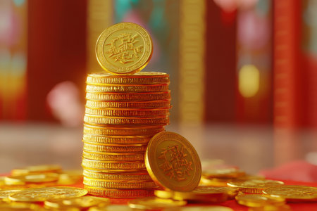 3D Stack of Chinese Gold Coins Wealth and Prosperity Conceptの素材
