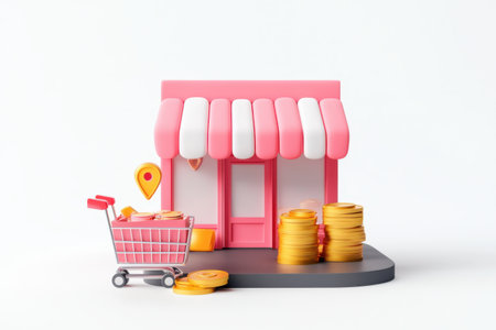 3d illustration of shopping cart with pink store on white background.の素材