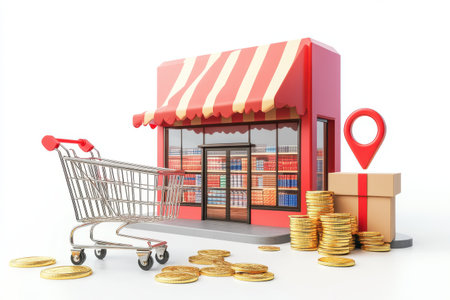 shopping cart and store on white background. 3d rendering.の素材