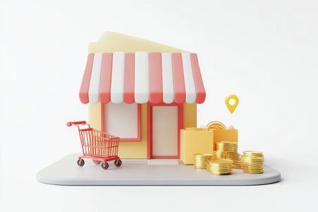 3d illustration of online shopping concept with shopping cart and gold coinsの素材