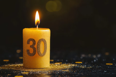 Burning wax candle with number 30 on a black background with bokehの素材