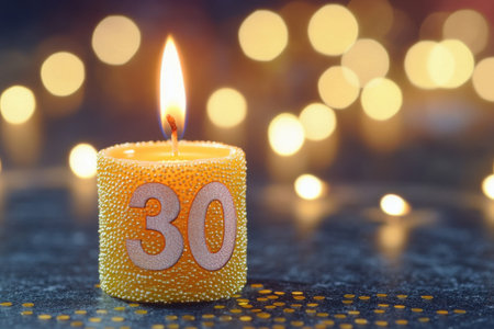 Burning candle with number 30 on bokeh background, closeupの素材