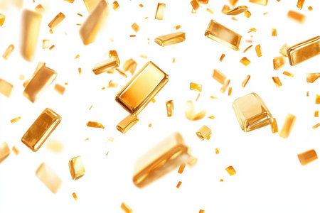 Flying falling gold bars isolated on white background Flying falling gold bars isolated on white backgroundの素材
