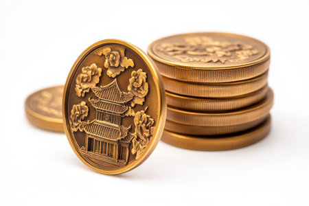 Chinese coins isolated on white background, close-up, studio shotの素材