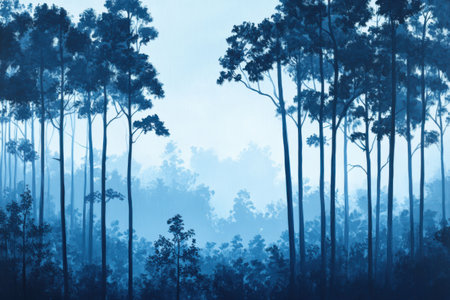 Silhouette of pine forest with fog in the morning, Thailand.の素材