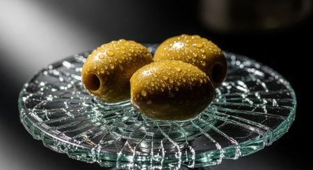 Green olives with drops of water on a glass plate on a black backgroundの素材