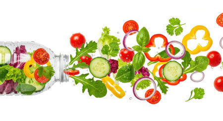 Water splashing from a bottle with fresh vegetables, isolated on white backgroundの素材