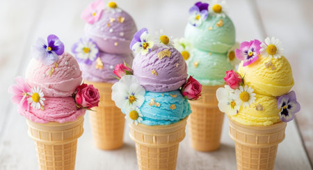Ice cream scoops in waffle cones with flowers on wooden backgroundの素材