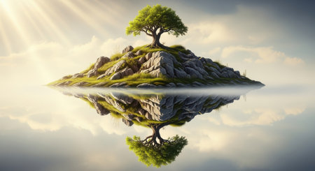 Lonely tree on the island in the sea. Conceptual imageの素材