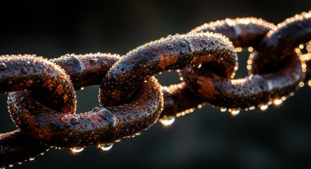Close-up of a chain with water droplets on it.の素材