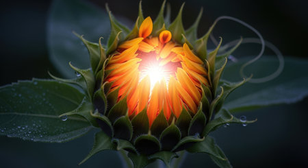 Sunflower with sun light and bokeh on dark background.の素材