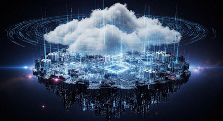 Cloud computing technology concept. 3d rendering toned image double exposureの素材