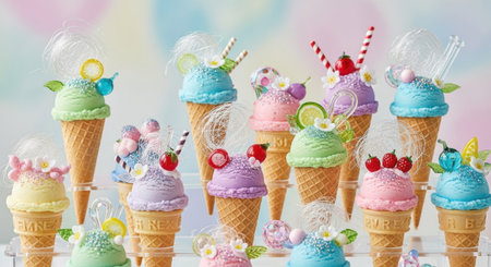 Colorful ice cream in cones on light background, closeup viewの素材