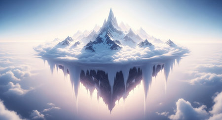 Fantasy landscape with snowy mountains in the clouds. 3d illustrationの素材