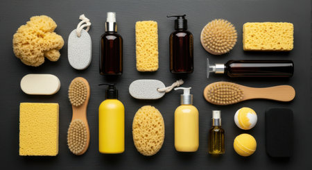 Flat lay composition with cosmetic products and bath accessories on black backgroundの素材