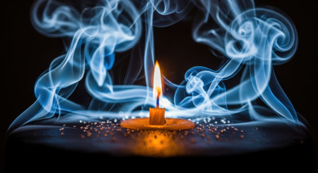 Close up of a burning candle in a dark room with smoke.の素材