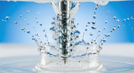 Falling drops of water. Splash effect after collision a falling drops with water Surfaceの素材