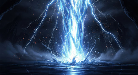 Lightning and thunderstorm in the dark. 3D illustration.の素材
