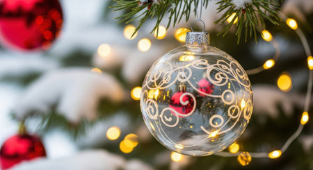 Decorated tree on blurred background with bokeh lightsの素材