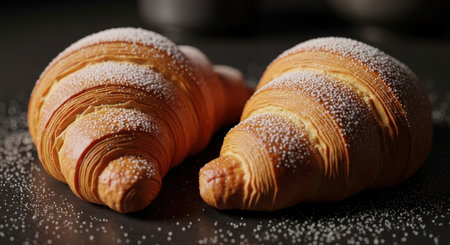 Croissants sprinkled with powdered sugar on a black background, close-upの素材