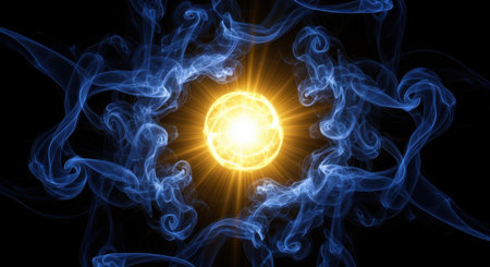 Abstract image of a bright sun and smoke on a black background.の素材