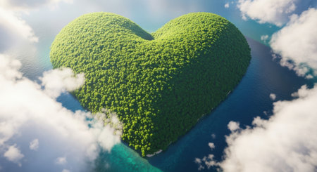 Heart shaped island floating in the sea. 3d render illustration.の素材