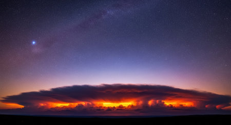 Milky Way over the field at sunset. Panoramic view.の素材