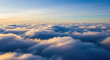 Blue sky with white clouds. Panoramic view above the clouds.の素材