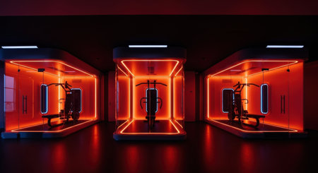 Futuristic neon interior of a modern gym. 3D renderingの素材