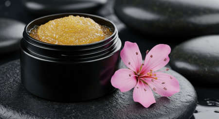 Jar of body cream with flower on zen stones, closeupの素材