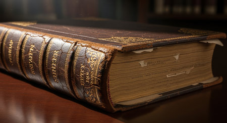 Old book on a wooden table in the library. Selective focus.の素材
