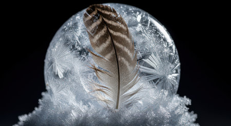 Crystal ball with feather on a black background. 3d illustration.の素材