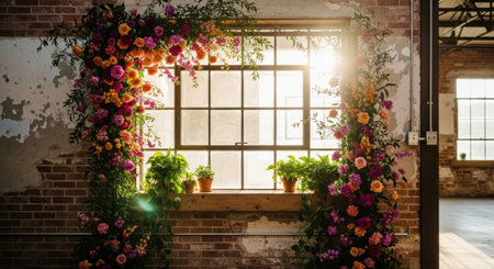 Flower decoration in a room with window and brick wall at sunsetの素材