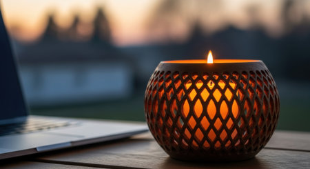 Burning candle in front of a laptop on a wooden table at sunsetの素材