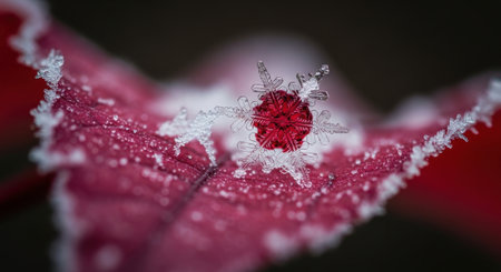 Snowflake on a red leaf in the winter. Macro shot.の素材