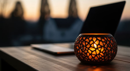 Laptop with a burning candle on a wooden table in front of the window at sunsetの素材