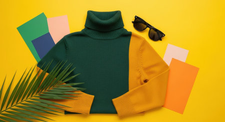 Top view of green sweater, sunglasses and palm leaf on yellow backgroundの素材