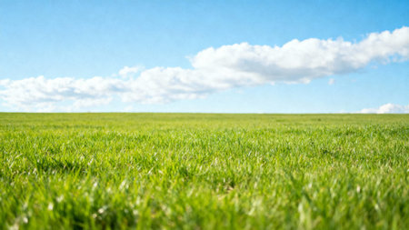 Fresh green meadow landscape with blue sky and soft clouds, creating a bright and peaceful natural...
