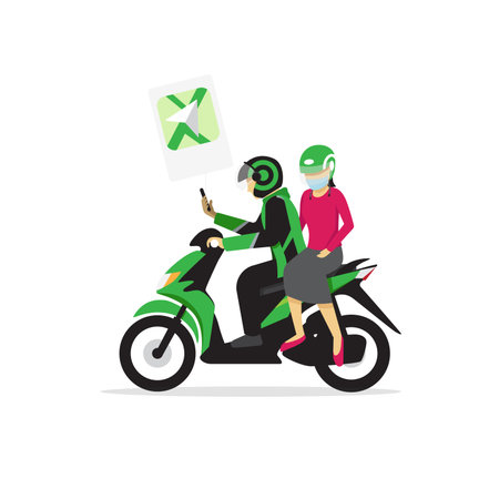 Green colored Motorcycle transportation in indonesia, its called ojek onlineのイラスト素材