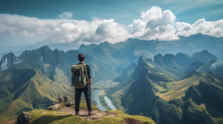 Man with backpack standing on the edge of the cliff and looking at the valleyの素材