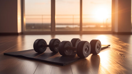 Dumbbells on a yoga mat in a gym at sunriseの素材